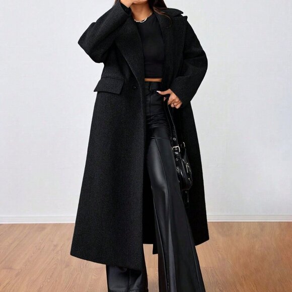 Black Casual Women's Collared Long Overcoat - Picture 5 of 6